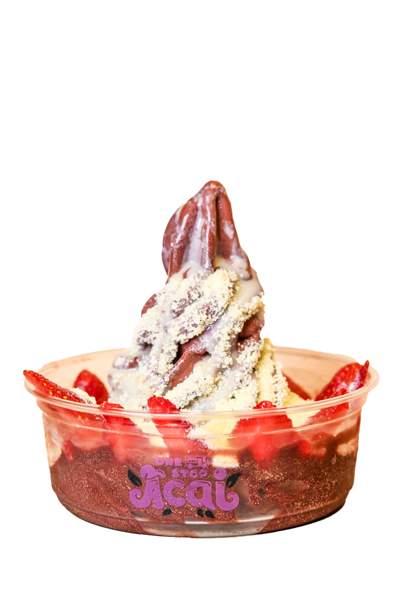 A clear plastic bowl of açaí soft serve topped with condensed milk and powdered toppings, surrounded by fresh strawberry slices. The bowl is branded with the logo 'One Stop Açaí' in purple lettering.