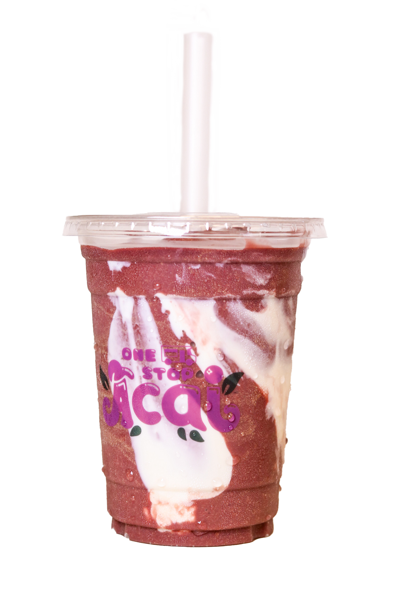 A clear plastic cup filled with thick açaí smoothie swirled with white condensed milk or yogurt, topped with a domed lid and a wide straw. The cup features the 'One Stop Açaí' logo in purple lettering with decorative leaf accents.