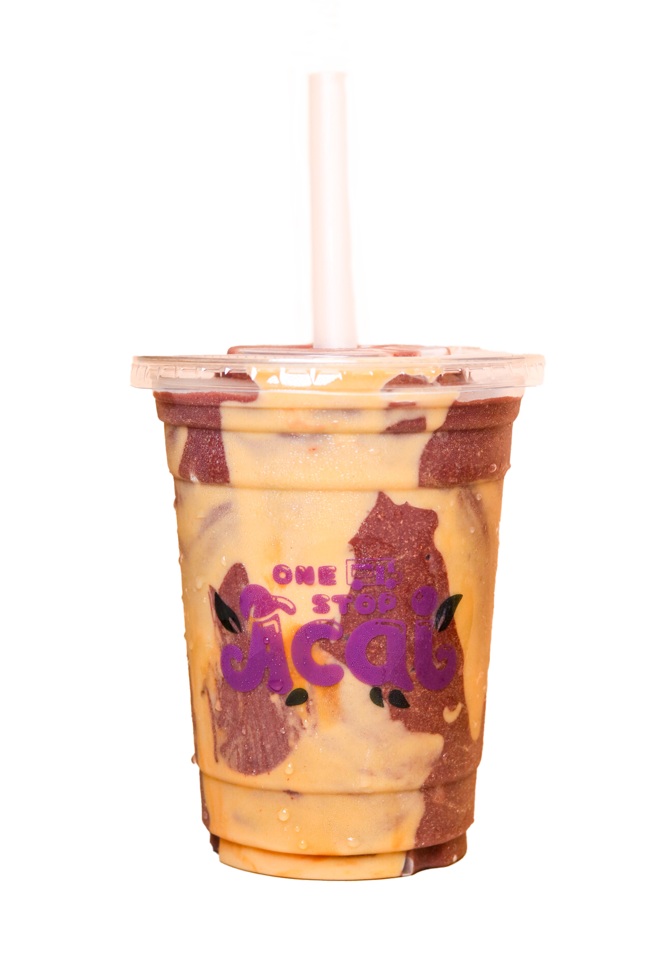 A clear plastic cup filled with a layered blend of açaí and peanut butter smoothie, creating a marbled effect. The cup is topped with a lid and straw, and displays the purple 'One Stop Açaí' logo with green leaf accents