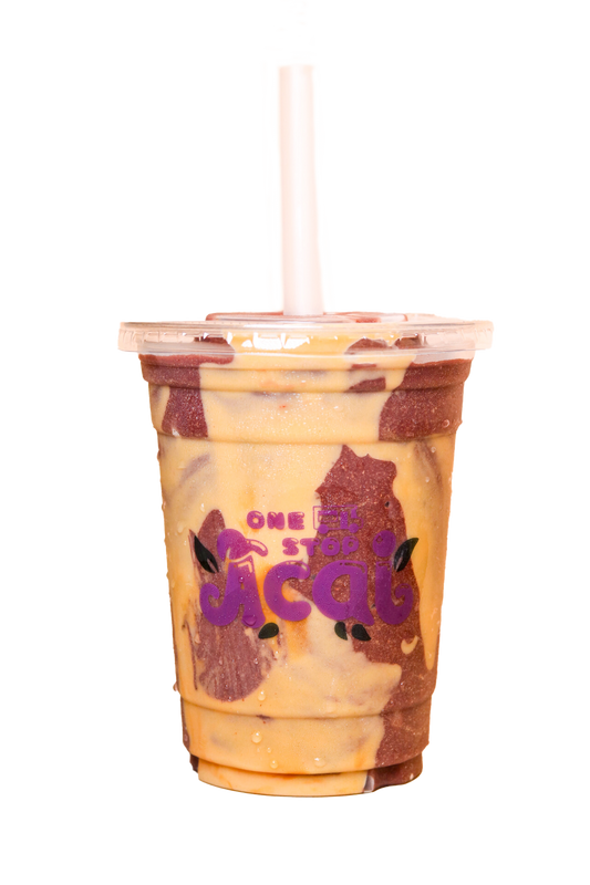 A clear plastic cup filled with a layered blend of açaí and peanut butter smoothie, creating a marbled effect. The cup is topped with a lid and straw, and displays the purple 'One Stop Açaí' logo with green leaf accents