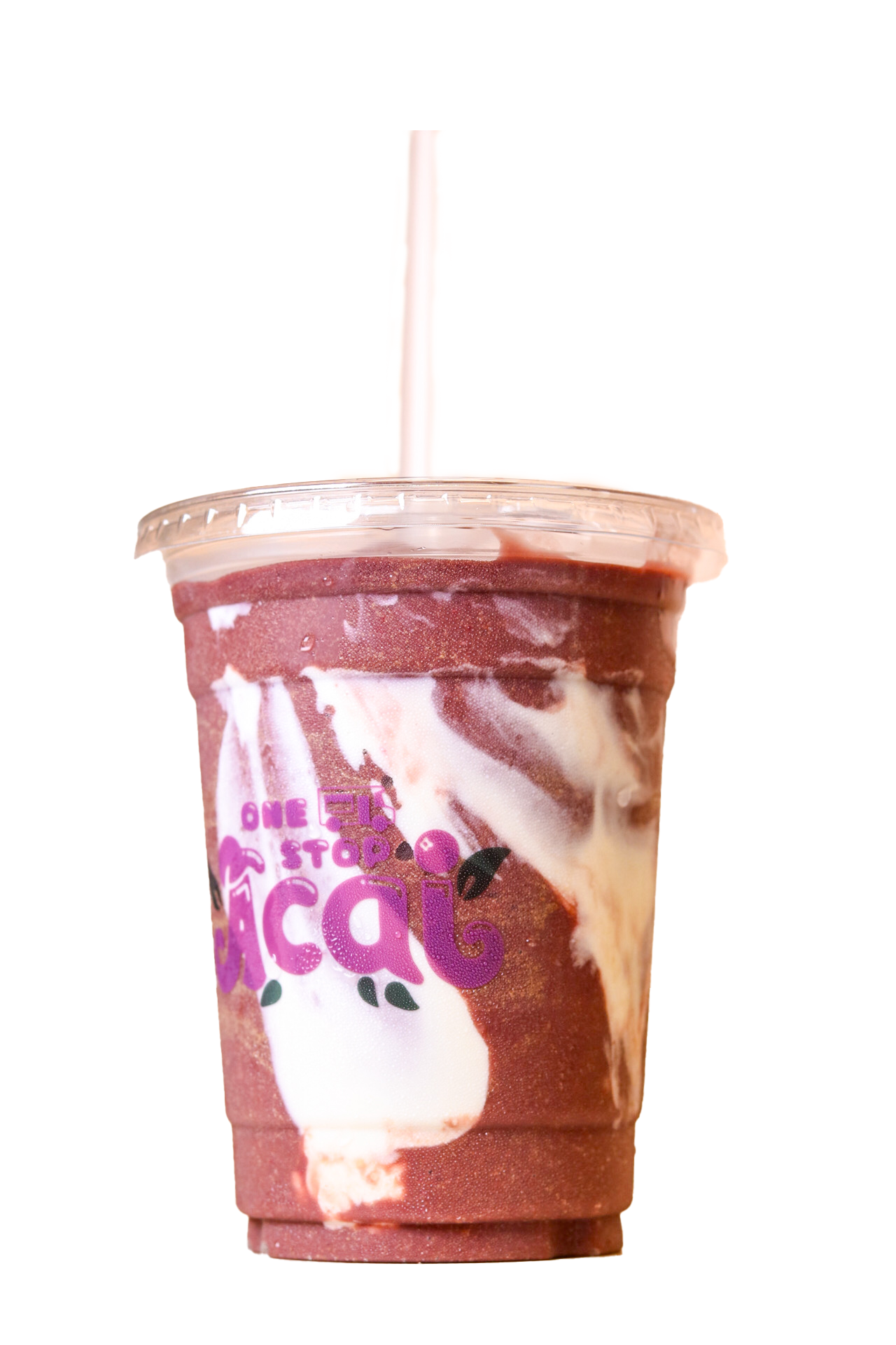A clear plastic cup filled with rich açaí smoothie swirled with white condensed milk or yogurt. The cup has a domed lid with a straw and features the purple 'One Stop Açaí' logo with leaf details.